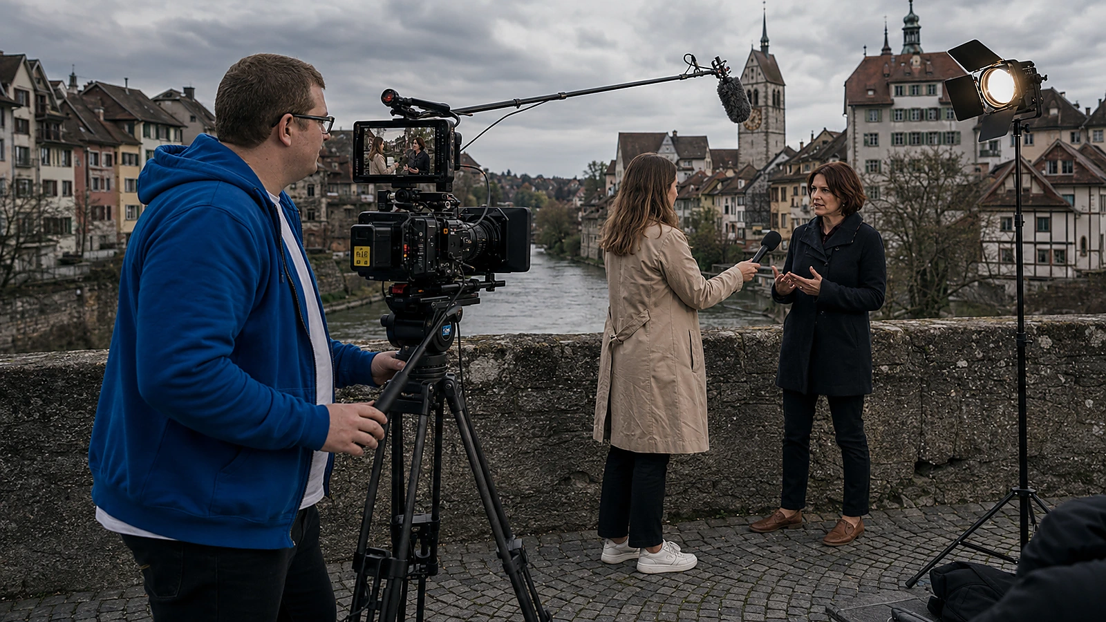 Filmteam bei einer professionellen Außenproduktion an einer historischen Brücke