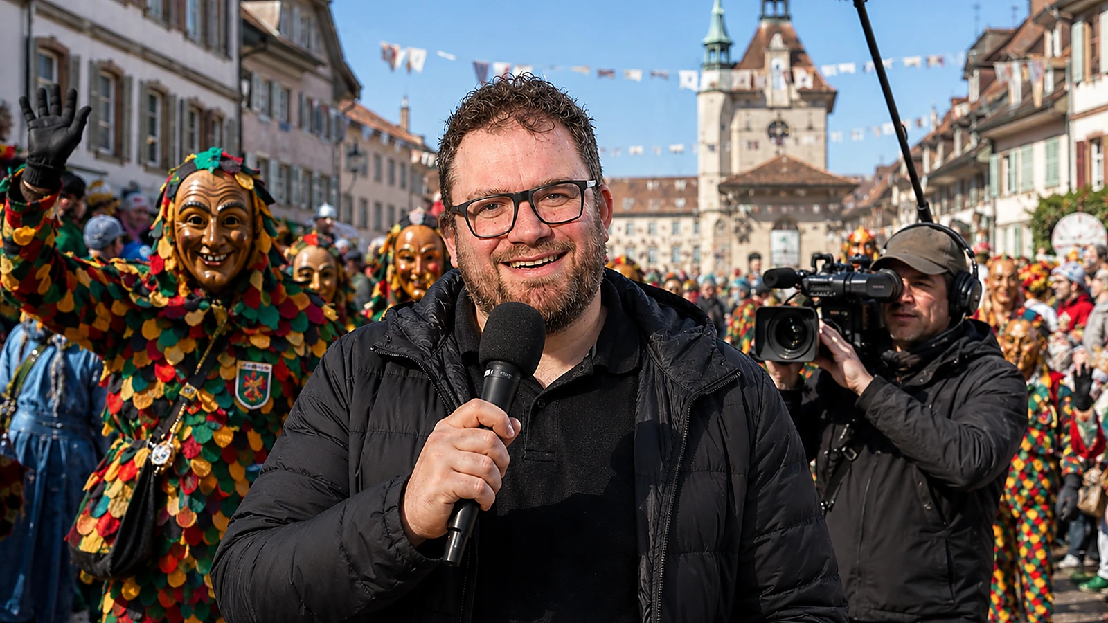 Adrian Oeschger bei einer Reportage auf einem historischen Straßenfest