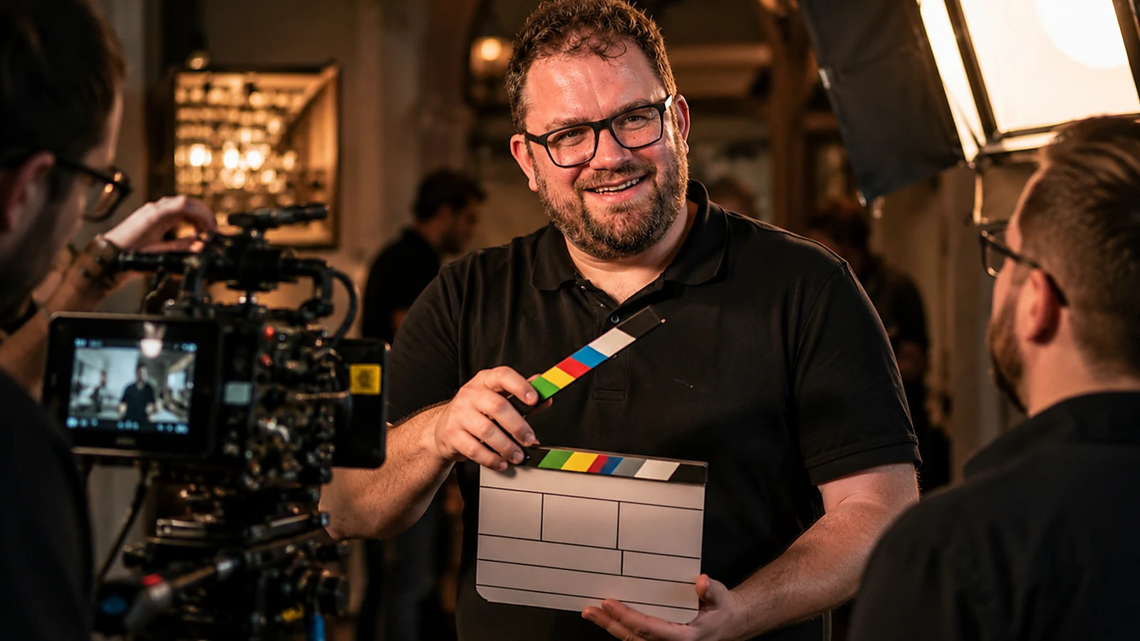 Adrian Oeschger mit Filmklappe bei einem professionellen Dreh